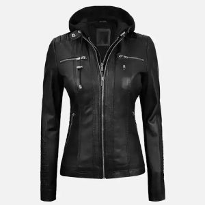 women’s black leather jacket with removable hood