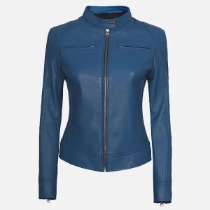 women’s blue cafe racer leather jacket