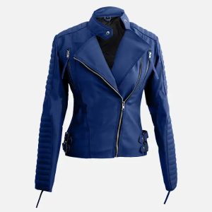 women's blue stylish biker leather jacket