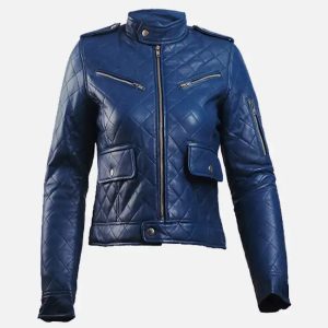 women’s blue leather puffer jacket