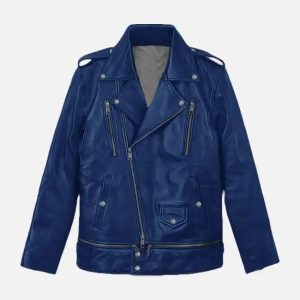 women’s blue runway biker leather jacket