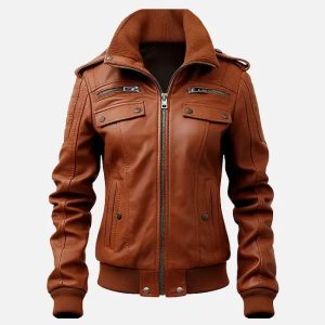 women's brown bomber jacket with strap pocket