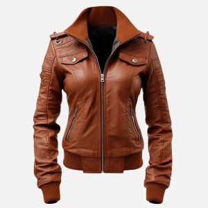 women's brown leather bomber jacket