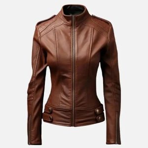 women’s bike style brown leather jacket