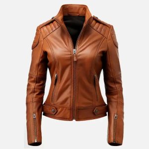 women’s brown leather biker jacket