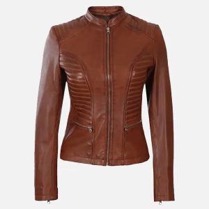 women's cognac wax cafe racer leather jacket
