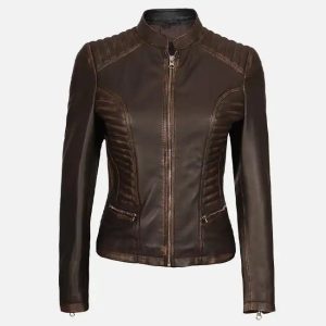 women's dark brown rub off cafe racer leather jacket