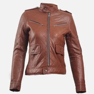 women’s diamonds quilted brown leather puffer jacket
