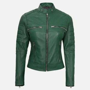 women's green leather cafe racer biker jacket