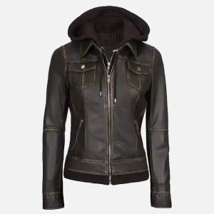 women's dark brown leather jacket with hood