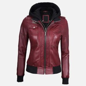women's maroon hooded bomber leather jacket