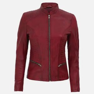 women's maroon leather mandarin collar biker jacket