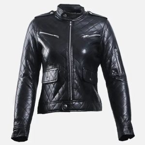 women’s black leather puffer jacket