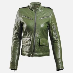 women’s green leather puffer jacket