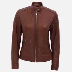 women’s brown quilted biker leather jacket