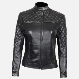 women's cafe racer slim fit quilted black leather jacket