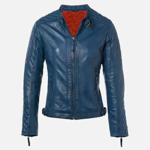 women’s short quilted shoulder blue leather jacket