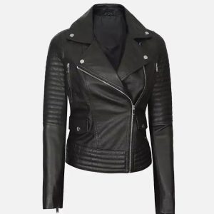 women’s black asymmetrical biker leather jacket