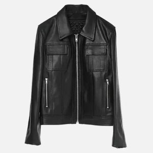 women’s black zip up leather jacket
