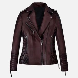 women's burnt wine biker leather jacket