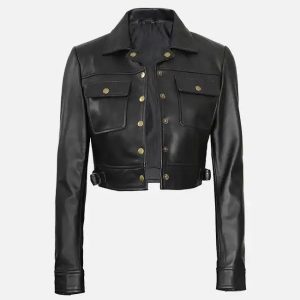 women’s black cropped leather trucker jacket