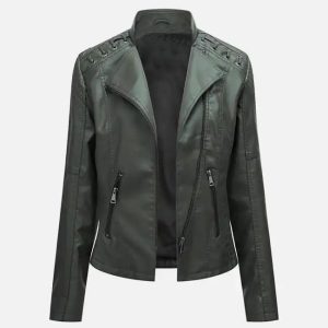 women’s army green leather moto jacket