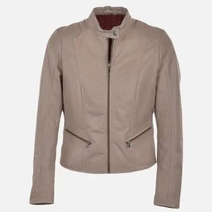 women’s simple moto beige leather jacket