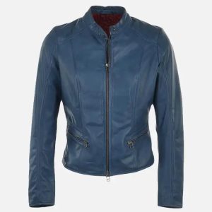 women’s simple moto blue leather jacket