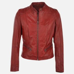 women’s simple moto red leather jacket