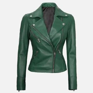 women's moto style green leather jacket
