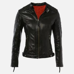women’s short quilted shoulder black leather jacket